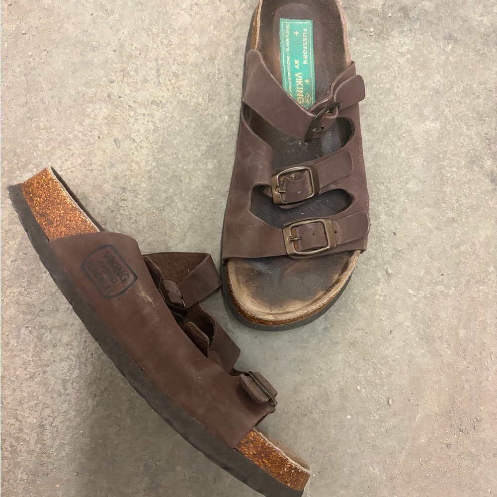 Genuine‎ leather cork bed multi strap slip on sandals